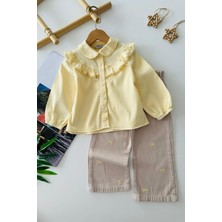 Miniğimin Cicileri Fırfır Yakalı Fiyonk Nakışlı Kız Çocuk Gömlek Pantolon Takım - Sarı
