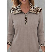 Deridün Yıldız Shoes Kadın Uzun Kollu Leopar Yakalı Fermuarlı Waffle Bluz