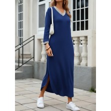 Gacha Kadın Uzun Kollu V Yakalı Yanlardan Yırtmaçlı Uzun Viskon Iki Iplik Elbise