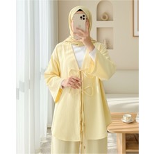 Moda Morfo Önü Çift Bağlamalı Pantolonlu Kimono Takım       -Açık Sarı