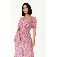 AK-SA-STR Çiçek Desenli  Yırtmaçlı Elbise - Pembe