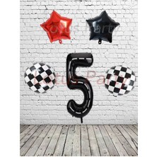 Feyza Design 5 Yaş Yarış Temalı Folyo Balon Seti - Siyah Damar Çizgili Rakamlar