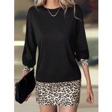 Hariqa Kadın Uzun Kollu Bisiklet Yaka Üst Viskon Iki Iplik Alt Leopar Desenli Mini Elbise