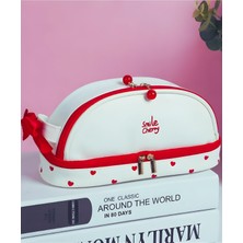 ÖZ OFİS Kawaii Smile Cherry Suni Deri Kalem Kutusu - Çok Fonksiyonlu - Çift Katmanlı - Geniş Kapasiteli
