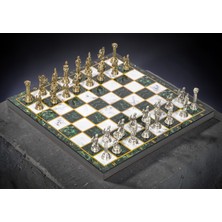 Elifeshop Lüks Metal Satranç Takımı Krom Kaplama Pegasus Atları & Zümrüt Yeşili Mermer Desenli Tahta 20 Cm.