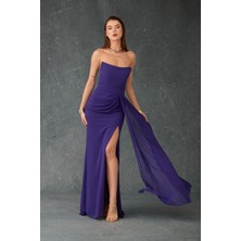 Carmen Kadın Straplez Yırtmaçlı Şifon Abiye Elbise 58482 Mor