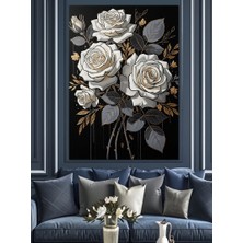 Tablomega Siyah Beyaz Üçlü Gül Buketi Dekoratif Kanvas - Mdf Ahşap Tablo
