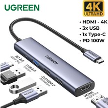 Ugreen Revedok 5'i 1 Arada Type-C Giriş, 3xUSB-A, 1xUSB-C PD 100W, 4K/30Hz HDMI, USB Çoklayıcı, Dönüştürücü, 15495