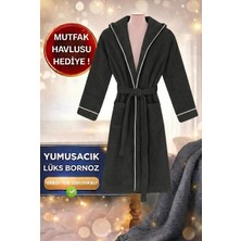 Layvera Erkek-Kadın Antrasit Bornoz | %100 Pamuk-Kapüşonlu-Biyeli-Cepli-Siyah