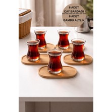 İliva 6 Adet Cam Ince Belli Çay Bardağı + 6 Adet Bambu Bardak Altlığı – Çay Servis ve Sunum Seti