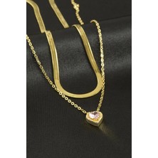 İsmiyle Al Kalp Zirkon Taşlı Çelik Ikili Kolye