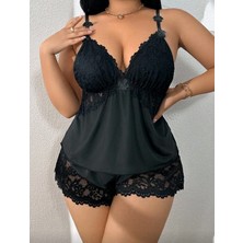 Wesby Büyük Beden Dantel Dekolteli Yüksek Bel Şort Bluz Takım