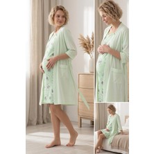 Cotonhause Mint Yeşili Desenli Hamile Lohusa Gecelik Sabahlık Takımı C3T6N3O504