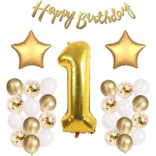 Gold Konsept 1 Yaş Doğum Günü Kutlama Seti; Beyaz Gold Konfetili Balon, Rakam Yıldız Folyo ve Banner