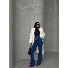 Herton Kadın Yüksek Bel Çapraz Düğme Detaylı Wide Leg Jean Pantolon
