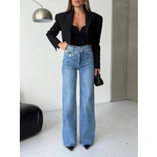 Herton Kadın Asimetrik Çapraz Bel Detaylı Wide Leg Jean Pantolon