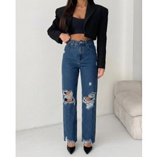 Herton Kadın  Dizleri Yırtık %100 Pamuk Jean Pantolon - Paçası Kesik Mom Fit Denim