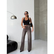Herton Kadın Antrasit Yüksek Bel Wide Leg Jean Pantolon - %100 Pamuk  Denim
