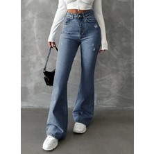Herton Yüksek Bel Ispanyol Paça Jean Pantolon - Eskitme Detaylı Full Pamuklu Flare Denim
