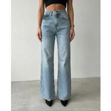 Herton Kadın Yüksek Bel Wide Leg Jean - Önü Pencereli Yırtık Detaylı Geniş Paça Denim Pantolon