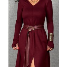 Gacha Kadın Uzun Kollu Yakalı Belden Deri Detaylı Kuşaklı Yırtmaçlı Midi Viskon Iki Iplik Elbise