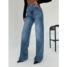 Herton Kadın Asimetrik Çapraz Bel Detaylı Wide Leg Jean Pantolon