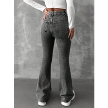 Herton Yüksek Bel Ispanyol Paça Jean Pantolon - Eskitme Detaylı Full Pamuklu Flare Denim