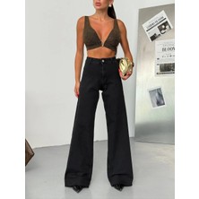 Herton Siyah Yüksek Bel Geniş Paça Wide Leg Denim Jean Pantolon