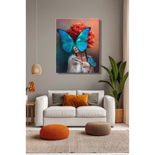 Şehber Yatay Kanvas Duvar Tablosu Tekli Salon Mutfak Yatak Odası Ofis Mavi Kelebek Temalı Kadın Portre