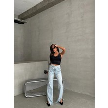Herton Kadın Yüksek Bel Çapraz Kemer Wide Leg Jean – %100 Pamuk Füme Denim Pantolon