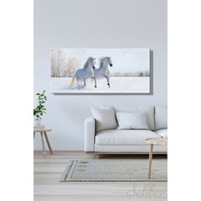 Şehber Panoramik Yatay Kanvas Duvar Tablosu Tekli Salon Mutfak Yatak Odası Ofis Beyaz Atlar