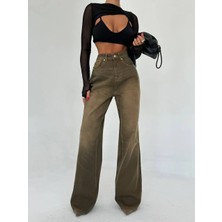 Herton Bağlama Detaylı Yüksek Bel Bol Paça Açık Denim Jean