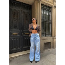 Herton Bağlama Detaylı Yüksek Bel Bol Paça Açık Denim Jean