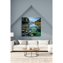 Şehber Kare Kanvas Duvar Tablosu Tekli Salon Mutfak Yatak Odası Ofis Karlı Dağlar Nehir Manzara