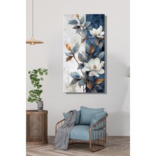 Şehber Dekoratif Kanvas Duvar Tablosu Dikey Tekli Mavi Beyaz Çiçekler Salon Mutfak Yatak Odası Ofis