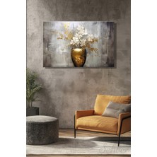 Şehber Yatay Kanvas Duvar Tablosu Tekli Salon Mutfak Yatak Odası Ofis Yağlı Boya Gold Efekt Soyut Çiçek