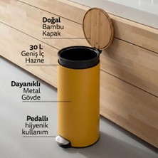 5Five Modern Sarı Çöp Kutusu - Metal Pedallı, Bambu Kapak, 30 L