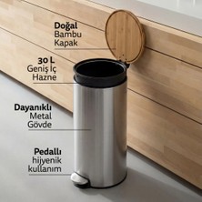 5Five Modern Çelik Çöp Kutusu - Metal Pedallı, Bambu Kapak, 30 L