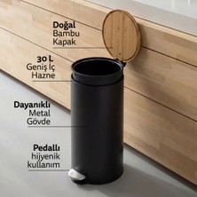 5Five Modern Çöp Kutusu - Metal Pedallı, Bambu Kapak, 30 L, Siyah