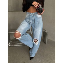 Herton Yüksek Bel Dizleri Yırtık Wide Leg Jean Pantolon