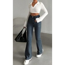 Herton Yüksek Bel Ispanyol Paça Jean Pantolon - Eskitme Detaylı Full Pamuklu Flare Denim