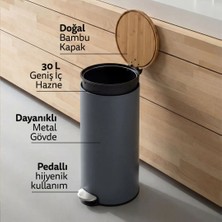 5Five Modern Antrasit Gri Çöp Kutusu - Metal Pedallı, Bambu Kapak, 30 L