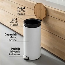5Five Modern Beyaz Çöp Kutusu - Metal Pedallı, Bambu Kapak, 30 L