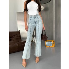 Herton Kadın Buz Mavisi Yüksek Bel Wide Leg Jean Pantolon - Boru Paça Ham Kesim Denim