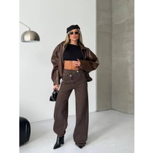 Herton Kadın %98 Pamuk Yüksek Bel Asimetrik Bel Wide Leg Jean
