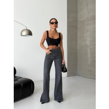 Herton Kadın Yüksek Bel Çapraz Kemer Wide Leg Jean – %100 Pamuk Füme Denim Pantolon
