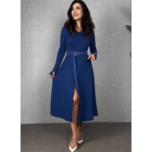 Civetta Kadın Uzun Kollu Yakalı Belden Deri Detaylı Kuşaklı Yırtmaçlı Midi Viskon Iki Iplik Elbise