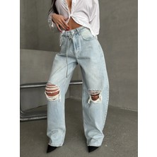 Herton Yüksek Bel Dizleri Yırtık Wide Leg Jean Pantolon