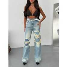 Herton Vintage Yıkama Dizleri Yırtık Detaylı Geniş Paça Jean - Yüksek Bel Salaş Pantolon