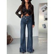 Herton Kadın Yüksek Bel Çapraz Kemer Wide Leg Jean – %100 Pamuk Füme Denim Pantolon